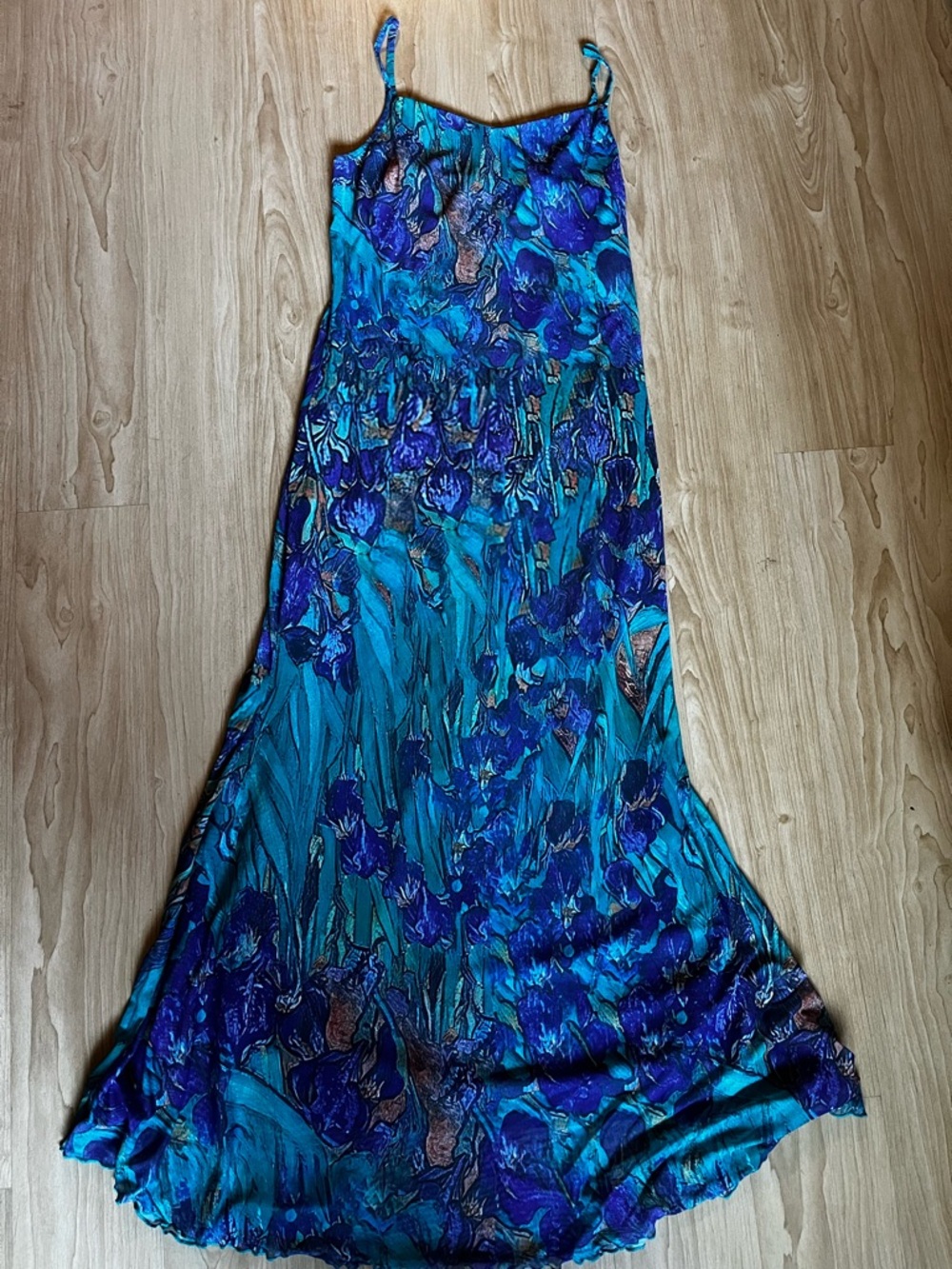 Van Gogh art painting lettuce trim spaghetti strap Blue Floral Slip Maxi Dress